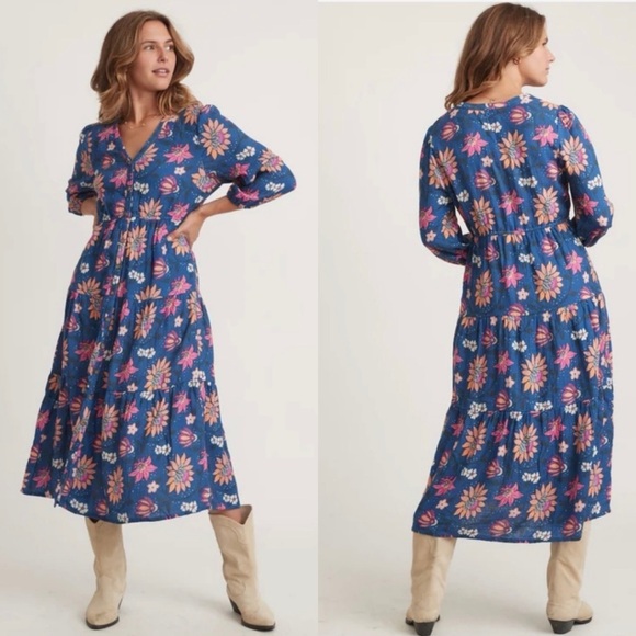 Marine Layer Dresses & Skirts - Marine Layer Midi Dress XL Gauzy Pockets Long Sleeve Batik Floral Blue *READ*